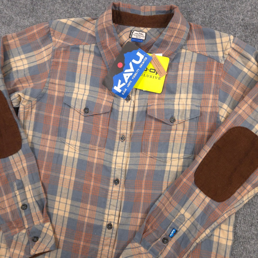 KAVU High Horizon Flannel Womens S Blue Moon Plaid Corduroy Elbow Patches NEW